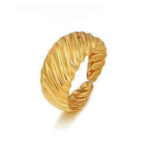 Golden croissant dome ring in ribbed titanium steel with adjustable open band design