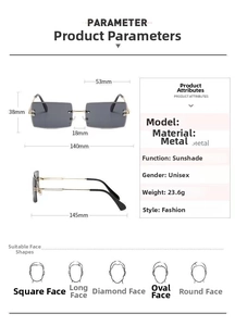 Detailed size chart showing 140mm frame width and 53mm lens specs for rimless sunglasses