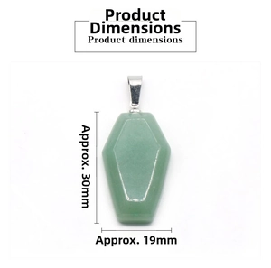 Macro detail of green natural stone coffin pendant with dimension labels 30mm by 19mm