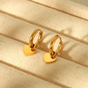 Mini heart pendant hoop earrings in 18k gold plated stainless steel with high polish finish