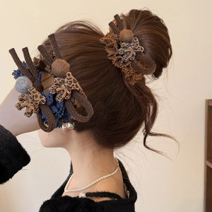 Lace flocking bear hair tie and clip set with leopard print and pearls for winter
