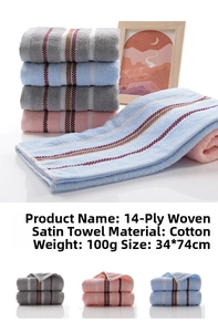Detail showing soft cotton towels in blue and grey with 34x74cm dimensions and ribbed texture