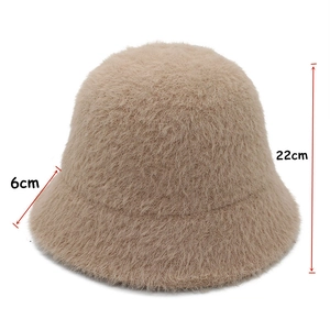 Detail showing bucket hat dimensions with 6cm brim and 22cm height in faux mink fur