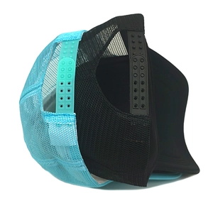 Close-up of the breathable mesh back and adjustable snapback closure on trucker hat
