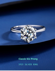Macro shot of 2-carat moissanite ring with a classic six-claw S925 silver setting