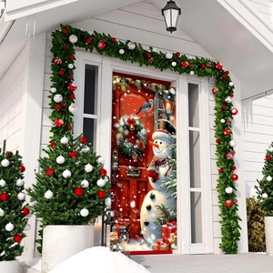 Outdoor Christmas snowman door banner with festive wreaths and holiday gift boxes decor