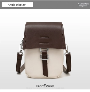 Detail view of contrast flap phone bag in cream white and dark brown PU leather