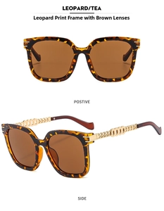 Detailed views of leopard print sunglasses with brown lenses and golden chain arms