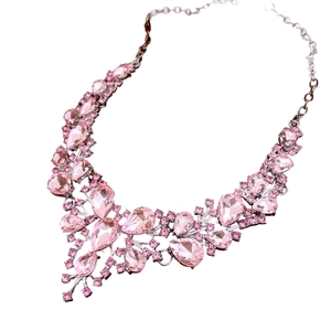 French court style necklace with pear-cut pink crystal pendant in silver setting