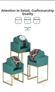 Three-tier dark green velvet watch display stands with elegant gold metal frames