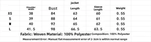 Detailed size chart for women's contrast trim jacket and skort set in woven polyester