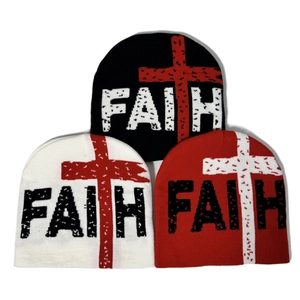 Beanie Hat Knitted Acrylic Faith Letter Cross Pattern Streetwear Hip Hop Winter Warm Skull Cap Unisex