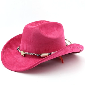Detail of rose red faux suede cowboy hat with ethnic beads and metal star studs