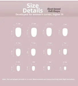 Size guide for short round press-on nails including 24 pieces in 12 different sizes