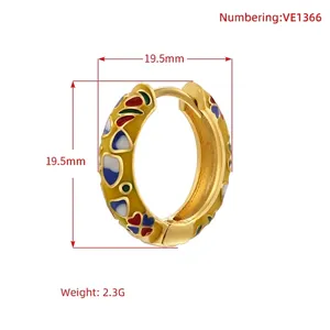 Colorful enamel flower huggie earrings with gold finish, diameter 19.5mm, 2.3g
