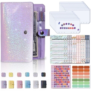 Holographic A6 PU leather budget binder set with zipper envelopes and stickers