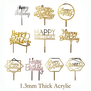 Acrylic Happy Birthday Cake Topper For Party Baking Decoration Mirror Gold Silver Rose Gold Elegant Design Accessory