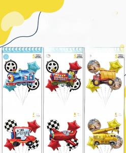 Close-up of 5-piece transport balloon sets featuring cartoon trucks and airplanes