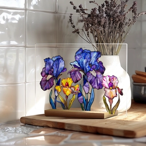 Artistic iris flower acrylic plaque with wooden base on a bright kitchen countertop