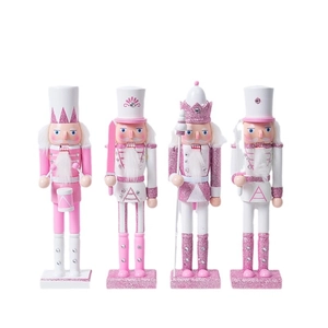 Set of 4 pink wooden Christmas nutcracker soldiers with glitter finish and diverse designs