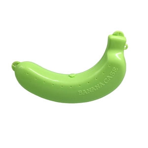 Green plastic banana protective case for travel and outdoor fruit storage on white background