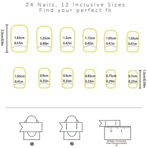 Size guide for 24 press-on nails showing dimensions in 12 sizes with measuring instructions