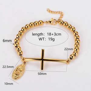 Golden stainless steel beaded bracelet featuring large cross and oval Virgin Mary charms