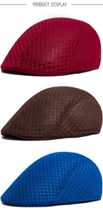 Three mesh ivy caps in burgundy, brown and blue colors with breathable polyester fabric