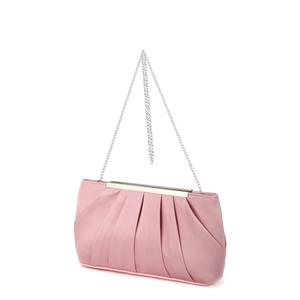 Detail view of pink pleated satin evening bag with a detachable silver chain strap