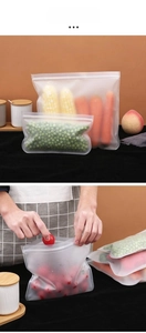Detail view of various sizes of frosted food storage bags for fridge and meal prep