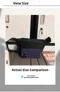 Detail view of black canvas belt bag showing spacious interior for phone and power bank