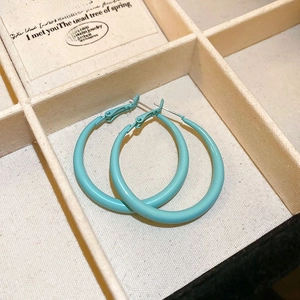 Vue détaillée de créoles bleu clair mat avec tiges en argent dans une boîte à bijoux