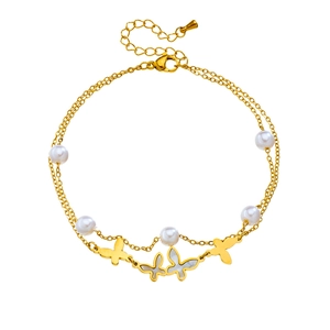 Double-layered gold stainless steel anklet with white pearls and butterfly pendants