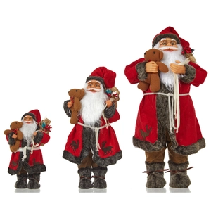 Classic Santa Claus dolls with teddy bears in three sizes for Christmas window display