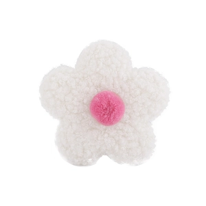 Close-up of 8cm plush teddy fleece flower accessory with white petals and pink center