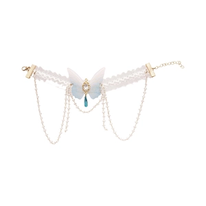 Blue crystal butterfly necklace with white lace and dangling beaded tassel chains