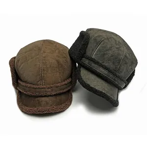 Chapeau De Pilote D'Hiver Suède Doublure En Fausse Fourrure Chaud Coupe-Vent Cache-Oreilles Ushanka Pour Homme