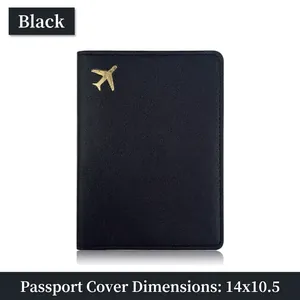 Minimalist black PU leather passport cover with gold airplane emboss, 14x10.5cm size