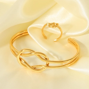 Minimalist 18K gold plated stainless steel knot open bracelet and ring jewelry set
