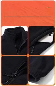Detail shots of black fleece jacket showing stand-up collar, zipper pockets and cuffs