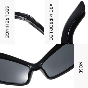 Detail of secure hinges, ergonomic arc mirror legs and comfortable integrated nose pads