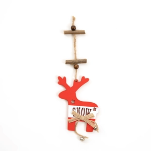 Christmas wooden reindeer hanging ornament with red SNOW pattern and small bells