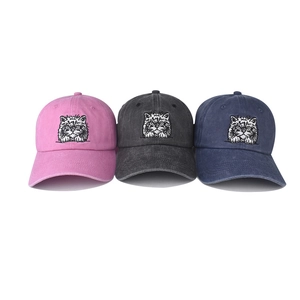 Washed cotton baseball caps with cat face embroidery in pink, grey, and navy colors