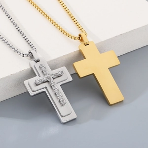 Vintage multi-layer stainless steel cross necklace with pearl chain for men in gold and silver