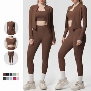 Damen Oben Und Unten Yoga Fitness Nylon Elasthan Stehkragen Reißverschluss Jacke Sport-BH Hohe Taille Leggings Sportbekleidung