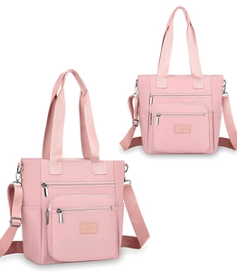 Detailed views of pink Oxford cloth shoulder bag with multiple zippers and adjustable strap