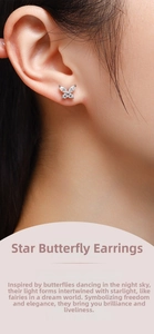 Close-up of butterfly stud earrings in S925 silver with marquise-cut cubic zirconia