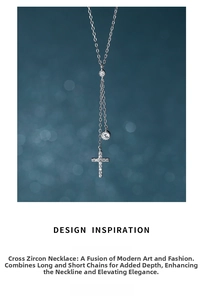 Detail of S925 silver double-layer necklace with cross pendant and sparkling zircon stones