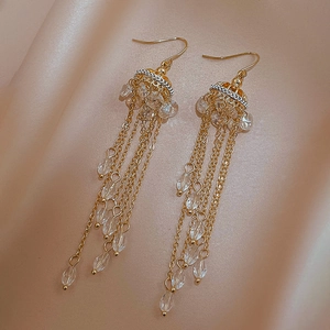 Elegant Gold Tone Copper Long Tassel Dangle Earrings With Crystal Beads Vintage Court Style Fashion Jewelry For Women