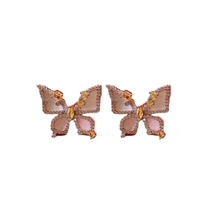 Elegant gold butterfly earrings with pink enamel wings and sparkling zircon crystals